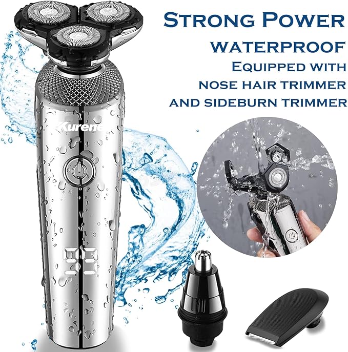 Electric Razor for Men, Kurener Electric Shaver for Men, Rechargeable Wet/Dry Shaver with Nose Trimmer Sideburns Trimmer