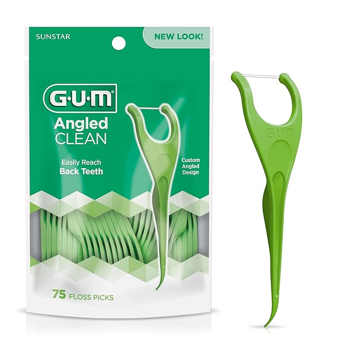 GUM Angled Floss Picks, Perfect for Tight Teeth, Extra Strong Shred-Resistant Dental Floss, Angled for Easy Reach, Dental Flossers for Adults, Fresh Mint Flavor, 75 Count