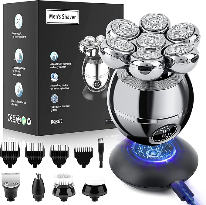 Head Shavers for Bald Men, Wjiang 6 in 1 Electric Razor Mens Shaver Wet Dry Cordless Electric Skull Shavers 7D Floating Rechargeable Bald Head Shaver Back for Men Father's Day Gifts