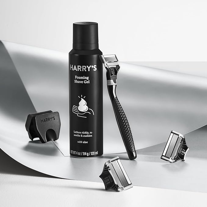 Harry's Original Shave Gift Set for Men - Black Metallic Handle + 3 Razor Blade Cartridges + Travel Blade Cover + 1 Foaming Shave Gel - German Engineered