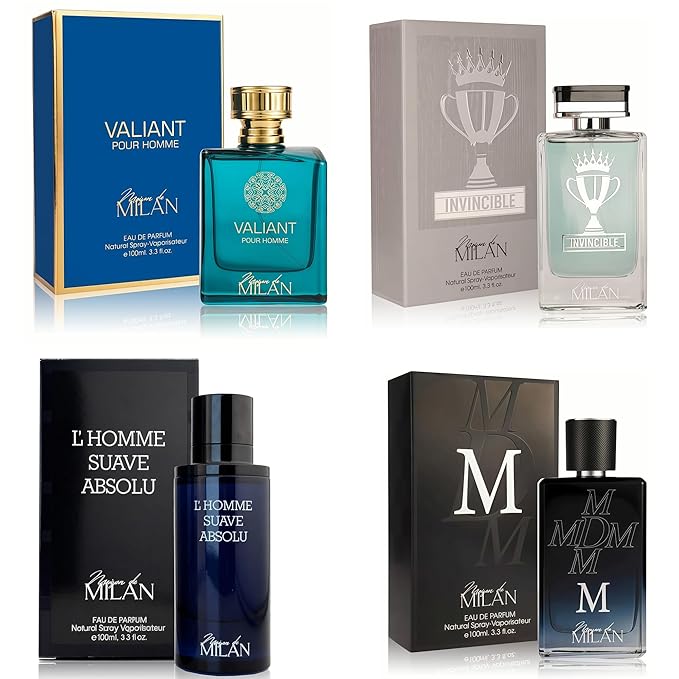 Men's Cologne Gift Set of 4(MilanValia&MLvincible&MDM&Lhomme) - 3.4 Fl Oz Each | Vanilla Bourbon, Leather & Amber Floral Fragrance | Luxury Eau de Toilette Quartet