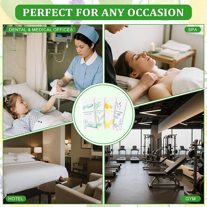 Moist Cotton Towel Bulk Moist Towelettes Individually Wrapped,White Towel Services,Refreshment Pre Moistened Towels for Dentist Travel Sport Party Hotel 100，Lavender,Green tea, Lemon and Cucumber