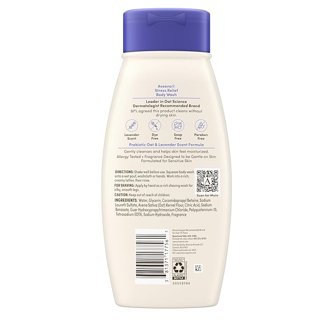Aveeno Stress Relief Body Wash with Nourishing Oat & Lavender Scent for Sensitive Skin, Gently Cleanses & Helps You Feel Calm & Relaxed in the Shower, Soap-Free, 18 fl. oz