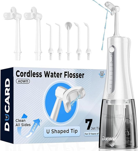 Cordless Water Flosser for Teeth, U-Shaped Flossing 360° Deep Clean, 5 Modes 7 Jet Tips for Adult & Child, Portable Rechargeable Dental Flosser Pick for Braces, Travel, 350ML Large Tank