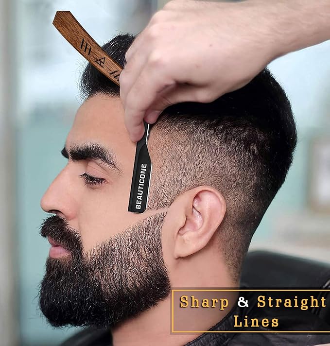 BEAUTICONE Straight Razors for Men, Straight Edge Razor with 100 Single Edge Blades, Stainless Steel, Barber Razor for Men's Shaving, Barber Shaving Knife, Wooden Handle, Slide-Out