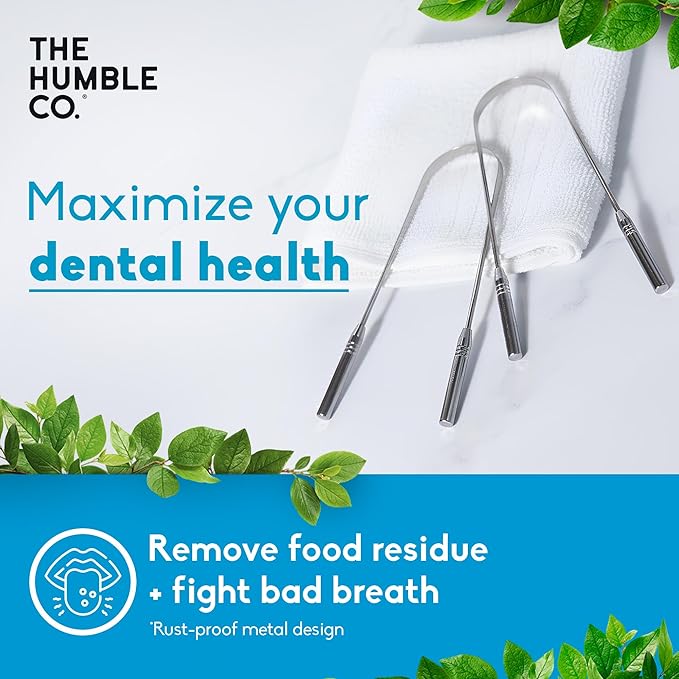 The Humble Co Tongue Scraper for Adults & Kids, 2 Pack - 100% Stainless Steel Tongue Cleaner Helps Eliminate Bad Breath & Bacteria - Dental Oral Care Products & Personal Hygiene Essentials
