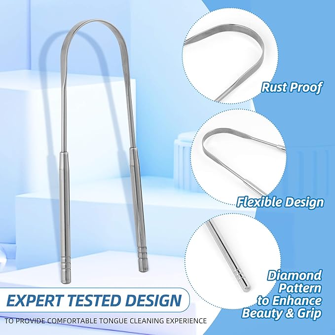 6 Pack U-Shaped Tongue Scrapers - Reusable & Easy to Clean Tongue Scrubber with Travel Case for Adults & Kids - Medical-Grade 100% Stainless Steel Tongue Cleaner for Fresh Breath & Oral Care