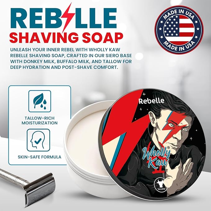 Wholly Kaw Shaving Soap Luxury Dense, Rich & Creamy Lather Tallow Wet Shave Puck Notes of Oud, Leather, Tobacco, Vetiver, Hay. Grooming and Skincare for Men Formulated for Sensitive Skin - Rebelle