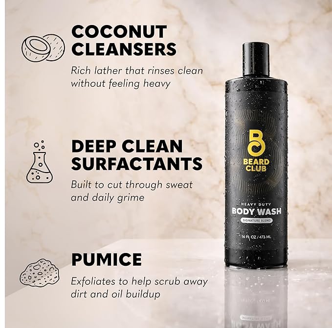 The Beard Club Mens Body Wash – Heavy Duty Shower Gel for Men with Exfoliating Clean, Rich Lather & Signature Scent – Men’s Body Wash for Deep Cleansing & Fresh Skin – 16 fl oz