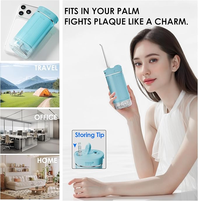 Portable Mini Water Flosser 225ML Long-Lasting Endurance Travel Cordless Oral Irrigator for Gum Care/Implants/Braces (Green(8Tips))