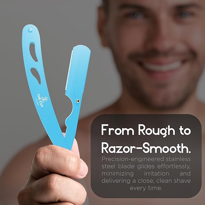 The Cut- Factory- Straight Razor with 20 Pack Platinum Treet Single Blade Razors for Men- Professional Barber Straight Edge Razor for Close Shaving 100 Percent Stainless Steel, Blue