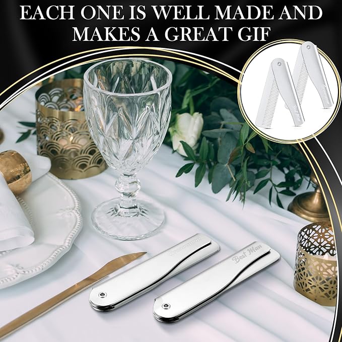 6 Pcs Groomsmen Gifts Folding Beard Comb for Men with Opener Groomsmen Gift Set of 6 Best Man Proposal Gift Combs Hair Mustache for Wedding Party Favor Grooming Detangling(Silver,Stainless Steel)