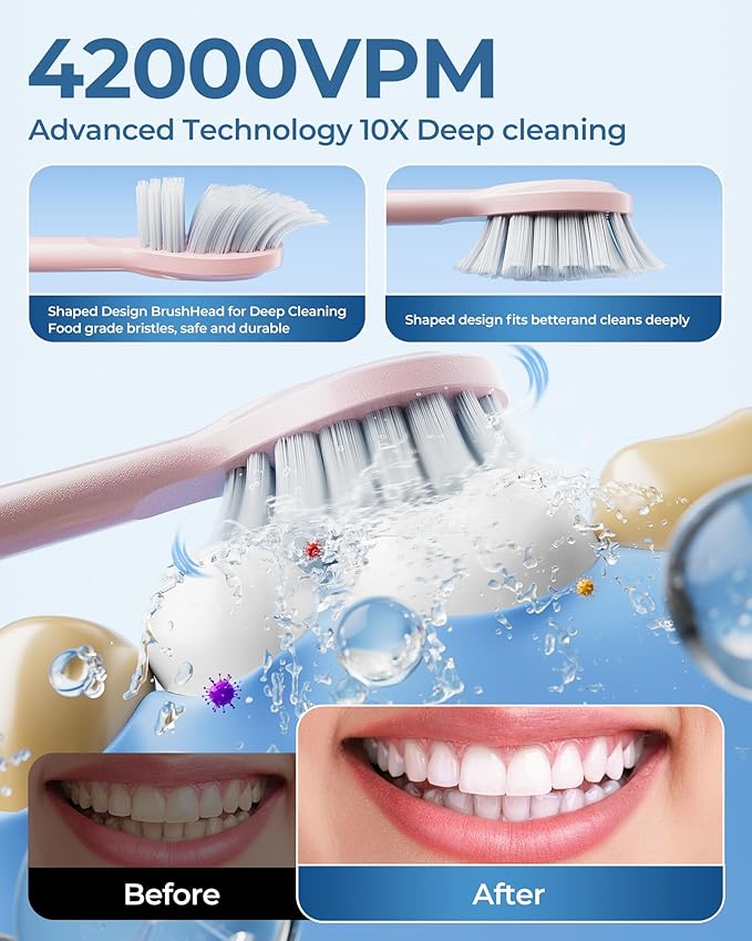 Pink Electric Toothbrushes, with 4 Brush Heads, 1 Travel Toothbrush Case, for Adults and Kid Electric Toothbrush, Long 180-Day Battery Life, 6 Modes, IPX7 Waterproof, Smart 2-Minute Timer.