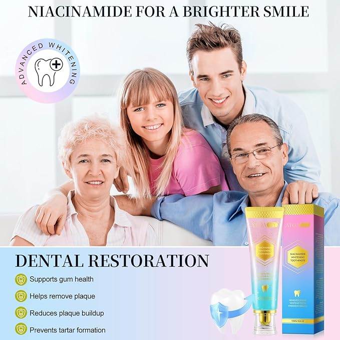 Niacinamide Whitening Toothpaste, Niacinamide Toothpaste Intensive Whitens Teeth, Stain Removal, Protects Tooth Enamel, Freshening Breath All Day with Natural Mint &Peach Flavor (2PCS)