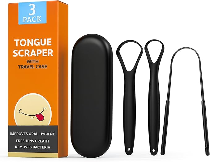 Set of 3 Tongue Scraper Set for Adults (Jet Black) with Travel Case, Reduce Bad Breath, Metal Tongue Scraper, Tongue Cleaner, Tongue Scraper, Tongue Cleaner for Adults