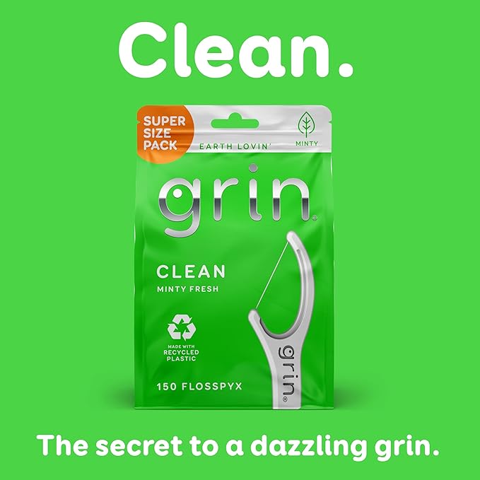 GRIN Clean Flosspyx, Floss Picks, 150 Count, Dental Flossers, Minty Flavor, Recycled Plastic, Super Strong Fine Floss, Tight Teeth, Premium Longer Floss Head, Includes Safe Fold-Back Tooth Pick