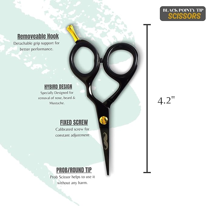 Rounded-Tip Trimming Scissors for Men – Stainless Steel High Carbon Beard, Mustache, and Ear Hair Grooming Scissor (Black-Pointy-Tip)