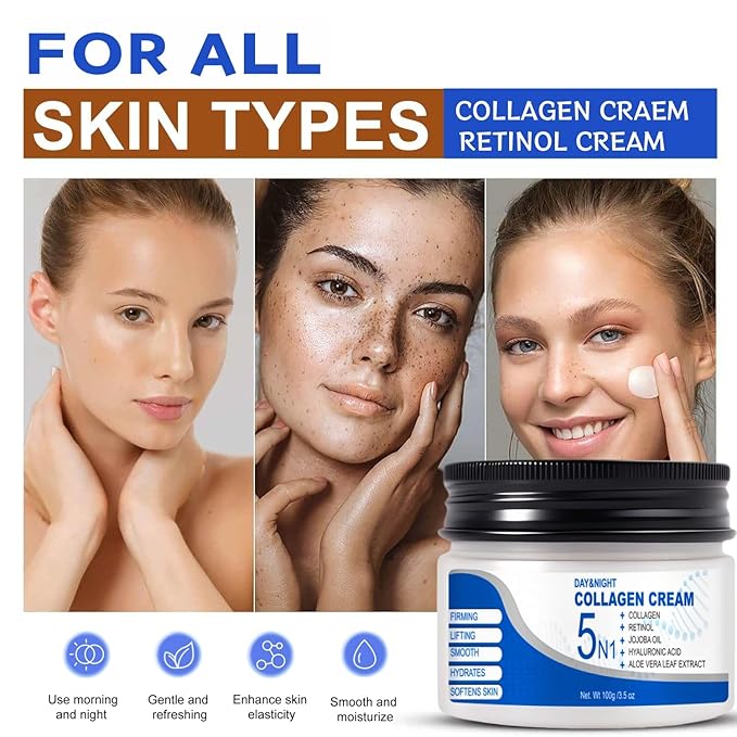 5N1 Collagen Moisturizer with Retinol & Hyaluronic Acid - Deep Hydration Face Cream for Women & Men - Visibly Firms, Smooths Wrinkles, Plumps Skin - Day & Night Cream, 3.5 oz