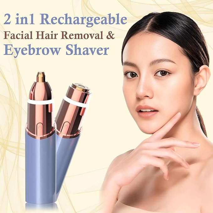 Eyebrow & Facial Trimmer: 2 in1 Rechargeable Facial Hair Removal & Eyebrow Shaver - Body Razor with Built-in LED Light (Blue)