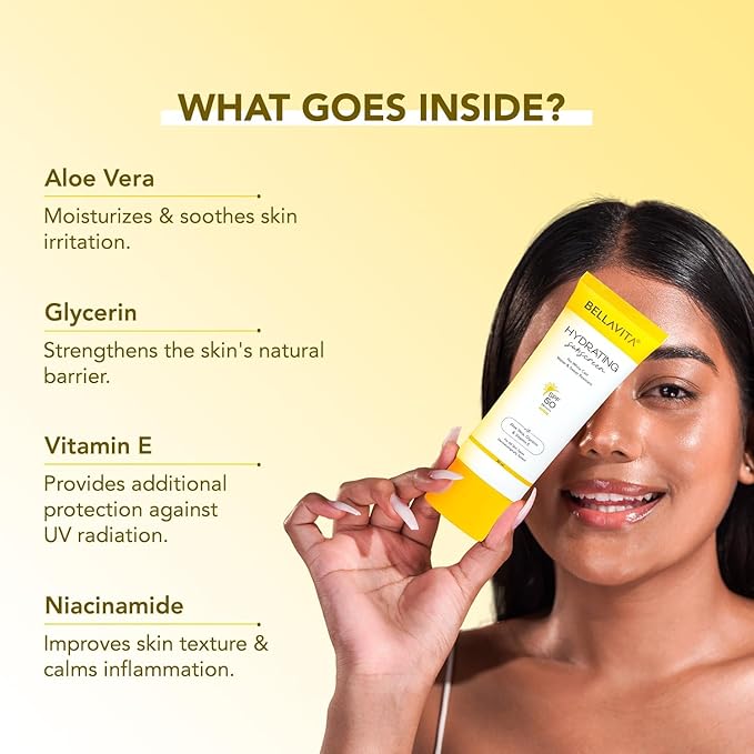 B.e.l.l.a Vita Water based Hydrating Unisex Sunscreen | SPF 50, Lightweight PA+++ | For All Skin Types, No White Cast, Non - Greasy Finish, UV Protection | For Men & Women 50ml.