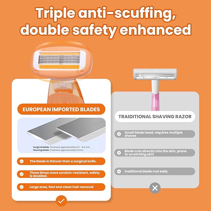 Moisturizing Bar Mini Travel Razor Kit for women Under Arm Pubic Hair Lines- 1 Handle and 3 Cartridges - Extra Smooth 5-blade With Case for Close Shaving - Orange