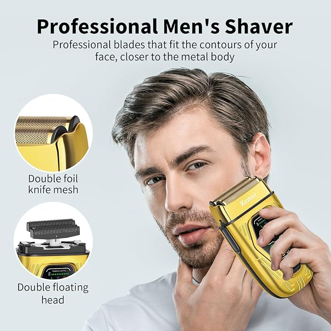 KEMEI KM-T360 Professional Foil Shaver, Barber Shaver with LED Display, Electric Razor for Men USB-C Rechargeable, Wet & Dry Electric Shaver with Detachable Dual Blades