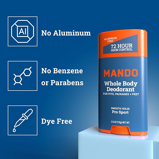 Mando Whole Body Deodorant Two Piece System - 2.6 oz Smooth Solid Stick & 5.0 oz 4 in 1 Acidified Cleansing Bar - Aluminum & Baking Soda Free Odor Control - Doctor Developed - 2 pc Bundle (Pro Sport)