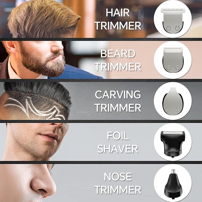 Beard Trimmer for Men, 5 in 1 Electric Razor for Men, Cordless Hair Clippers, Waterproof Grooming Kit for Shaving Face, Mustache, Body, Ear, Nose Hair Trimmer, Gifts for Mens, Black