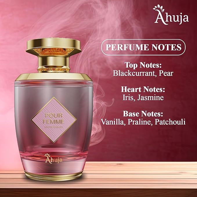 AHUJA Pour Femme Eau De Parfum 3.4oz – Luxurious Women’s Fragrance w/Notes of Floral Iris, Patchouli & Vanilla – Elegant, Long Lasting Perfume for Women