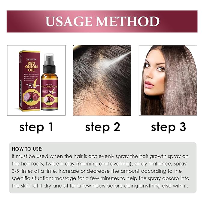 Red Onion Hair Growth Oil Spray for Hair Loss - Strengthens & Repairs Hair Follicles, Volumizes & Promotes Thicker Hair, Scalp Treatment for Men & Women, 30ml