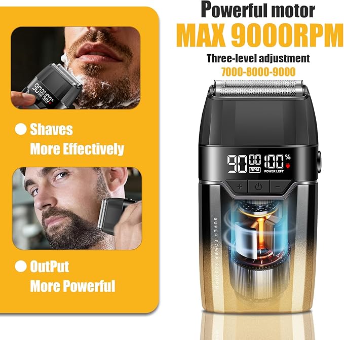 VGR 308 Electric Shavers for Men, Professional Double Foil Shaver 9000RPM Cordless Head Shaver with Titanium Foils, LED Display, USB Rechargeable Men's Electric Razor for Face & Beard, Gold