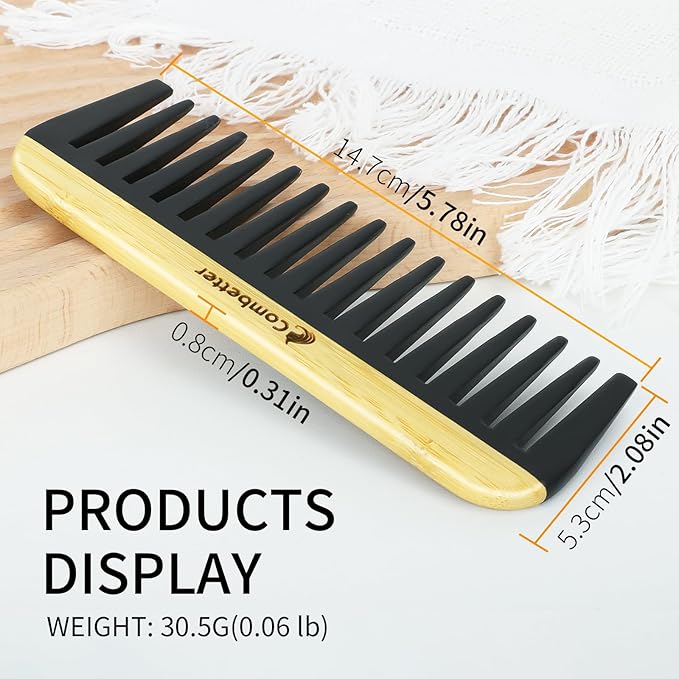 Combeter Bambooo Wide Tooth Comb for Thick,Wavy & Curly Hair and Beard - Anti-Static Durable Bakelite & Eco-Friendly Wooden Large Tooth Detangler Hair Comb| Soothing Frizz Control for Women, Men
