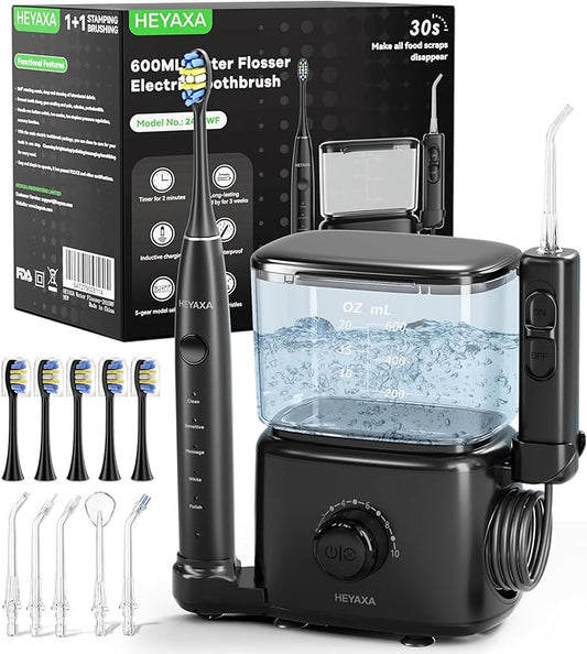 Water Flosser & Ultrasonic Electric Toothbrush Combo, 600ML Water Dental Flosser with 7 Jet Tips, 10 Adjustable Water Pressure, 5 Toothbrush Heads for Home Use, Gums, Braces (Dark)