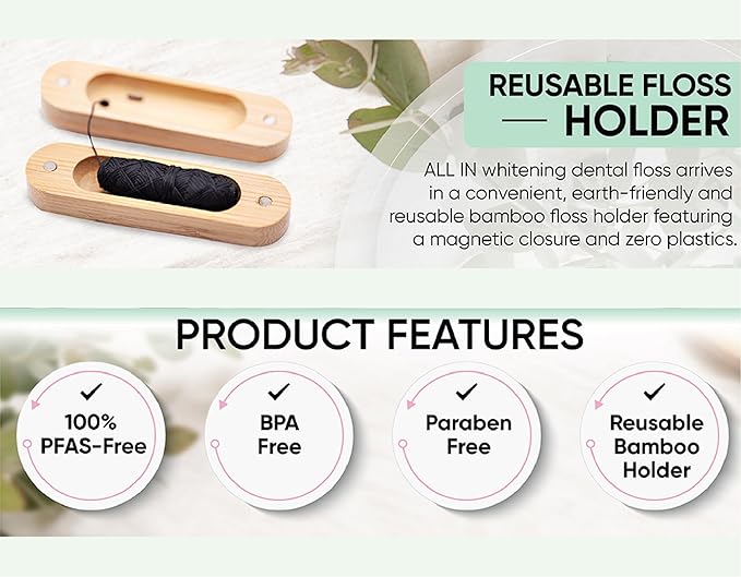 ALL IN Waxed Charcoal Floss with a Refillable Dental Floss Magnetic Holder - Plant Based, Natural, and No PFAS - Mint Floss for Effective Plaque Removal, Clean Teeth, Fresh Breath - 32 yd (2)