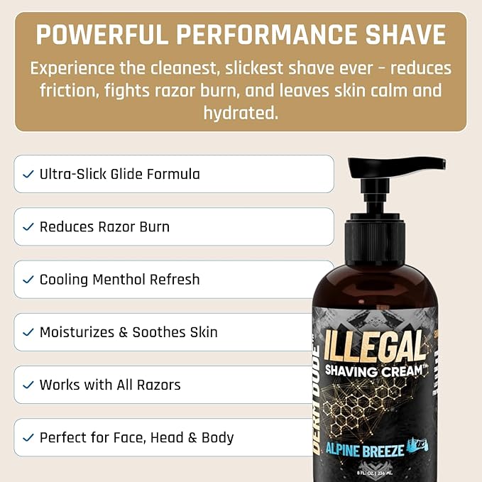 Derm Dude Illegal Shave Cream for Men | Ultra-Slick Shaving Cream for Sensitive Skin | Fights Razor Burn, Bumps, Nicks & Cuts | Smooth Glide Formula – Alpine Breeze Scent, 8oz
