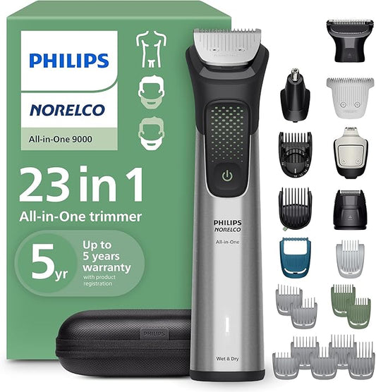 Norelco Philips All-in-One 9000 Series 23-Piece Trimmer - Electric Shaver and Clipper for Face, Beard, Head & Body, Self-Sharpening Full Metal Blades, 29 Length Settings (0.5-16 mm), MG9575/49