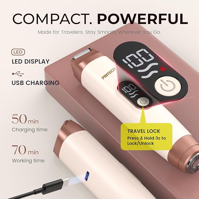 PRITECH Bikini Trimmer for Women, 2-in-1 Painless Electric Razors for Silk Skin, Portable Lady Shaver for Women Private Area, Face, Legs & Underarms, Wet/Dry LED