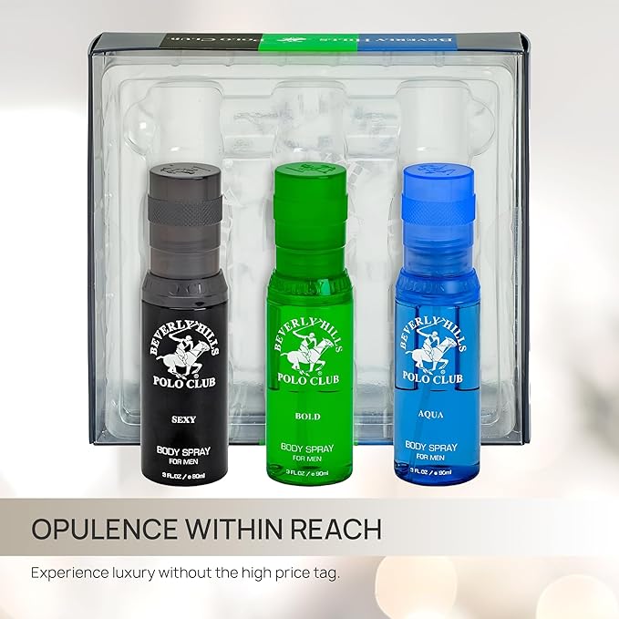 Beverly Hills Polo Club Men's Body Spray Collection Gift Set - 3 Distinct Luxury Designer Scents for Elevated Daily Confidence & All-Day Freshness, 3 x 3 oz