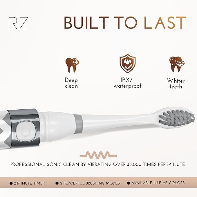 Rachel Zoe Portable Electric Toothbrush for Adults, Battery Operated Compact Sonic Tooth Brush for Trips, Waterproof Travel Toothbrush with Cover, 2 Removable Brush Heads Included, Gray and White