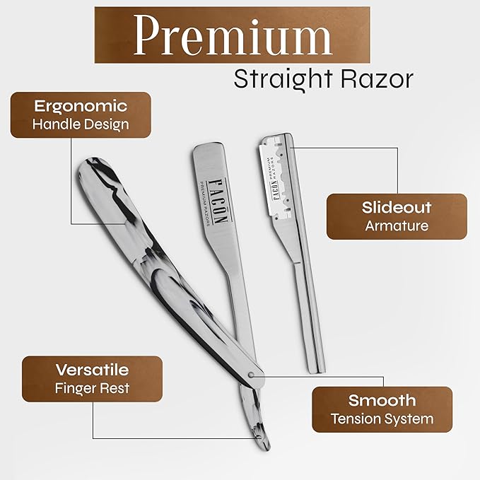 Facón Straight Razors for Men - Professional Barber Straight Edge Razor Kit with 100 Blades, Classic Stainless Steel Barbero Shaver for a Smooth & Precise Shave, Premium Barber Razor for Men's Shaving