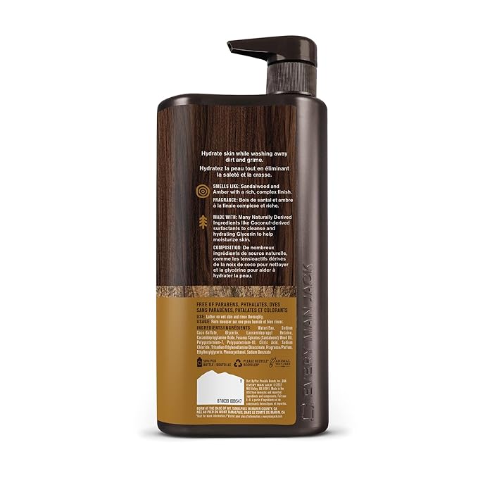 Every Man Jack Nourishing Amber + Sandalwood Mens Body Wash for All Skin Types - Cleanse, Nourish, and Hydrate Skin with Naturally Derived Coconut, Glycerin - 33.8 fl oz - 2 Bottles