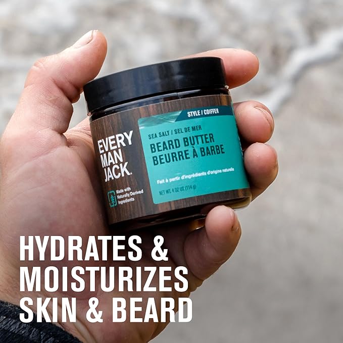 Every Man Jack Beard Butter- Subtle Sea Salt Fragrance - Rejuvenates, Hydrates, and Styles Dry, Unruly Beards While Relieving Itch - Naturally Derived with Shea Butter and Coconut Oil - 4oz