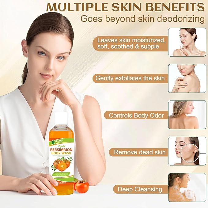 Persimmon Body Wash for Strong Body Odor, Nonenal Eliminator Purifying & Deodorizing with Natural Persimmon & Green Tea Extracts