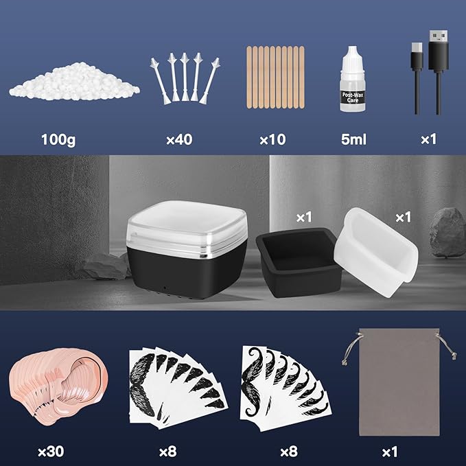 Nose Wax Kit Men, 100g Nose Hair Wax Kit with 40 Applicators (30-40 Uses)，Nose and Ear Hair Removal, 7-Min Charging and Fast Heating, 2 Silicone Liner, Smart Constant Temperature, Multi-Accessories