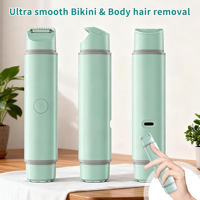 Bikini Trimmer for Women,Painless Rechargeable Electric Razor Remover,2-in-1 Dual Heads Facial & Pubic Hair Removal for Ladies Pubic,FaceUnderarms,Legs Valentine's Day Gift Green