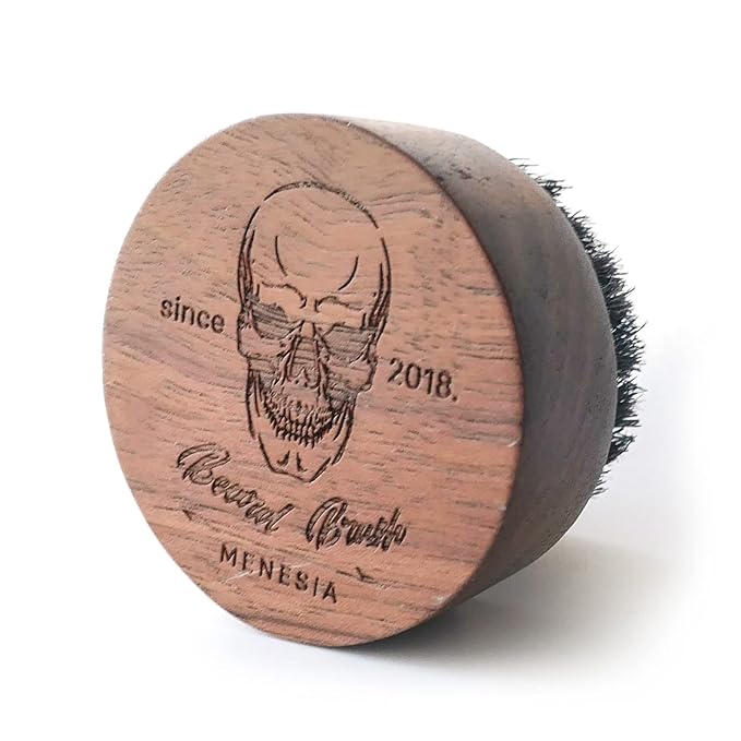 Small and Round Beard Brush, Pocket Travel Men's Wooden Boar Bristle Hair Beard Mustache Brush for Men (Skull)