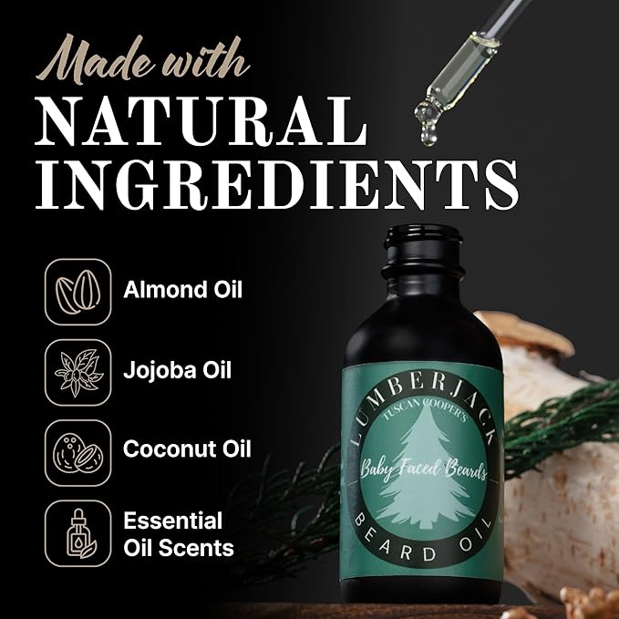 Tuscan Cooper's Baby Faced Beards Oil for Men - Hydrating, Nourishing, Natural Beard Softener and Conditioner for All Hair Types. Coconut, Jojoba, and Sweet Almond Moisture - Southern Spiced Tobacco