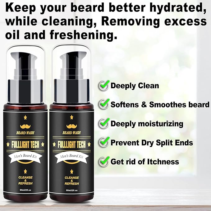 FULLLIGHT TECH Men's 2 Pack Beard Care Kit - Argan Oil & Jojoba Oils Shampoo, Rosemary Extract for Clean, Moisturizing and Nourishing Mustache & Beard Growth