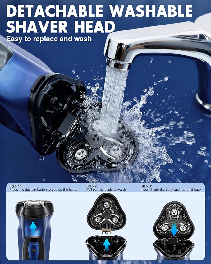 Electric Razor for Men with Pop-up Trimmer, 3D Floating Cordless Electric Shaver, Rechargeable Cordless Shavers for Men, Type-C, Long Runtime, Plug & Play, Blue