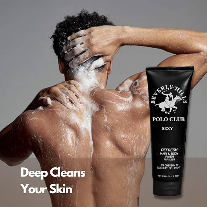 Beverly Hills Polo Club Men's Hair & Body Wash, 'Sexy' Scent, 8.5 oz - 2-in-1 Luxury Cleanser for Lasting Freshness & Confidence, Premium Designer Fragrance